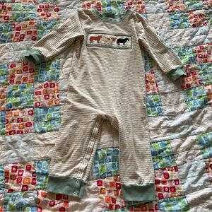 Neutral Striped Baby Romper with Cow Embroidery